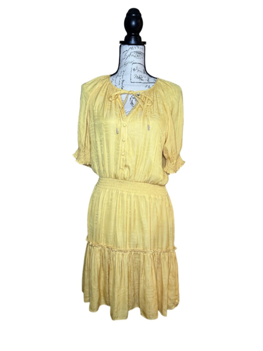 Skies Are Blue Size Medium NWT Yellow Jacquard Tie Button Tiered Short Dress
